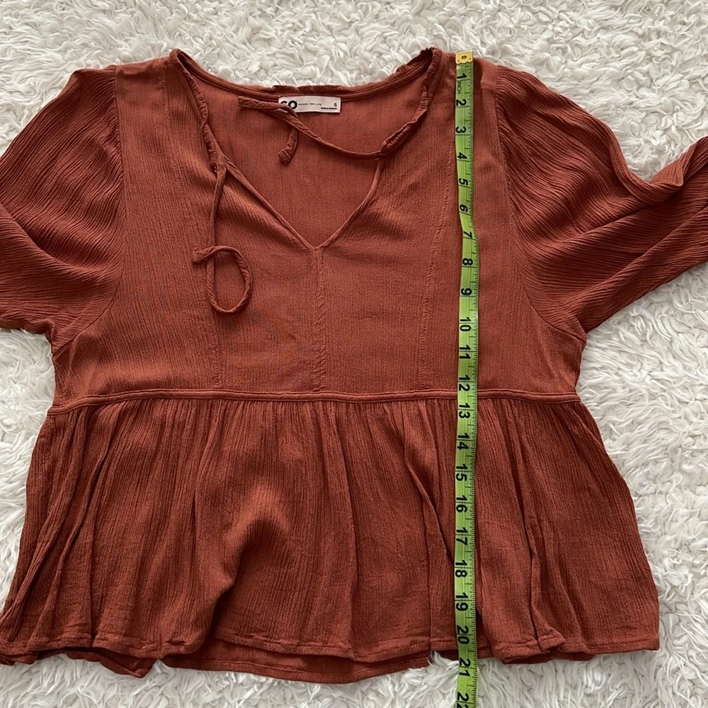 SO Mid-Sleeve Women's Rust Top Boho Flowy V-Neck Indie Size Small
